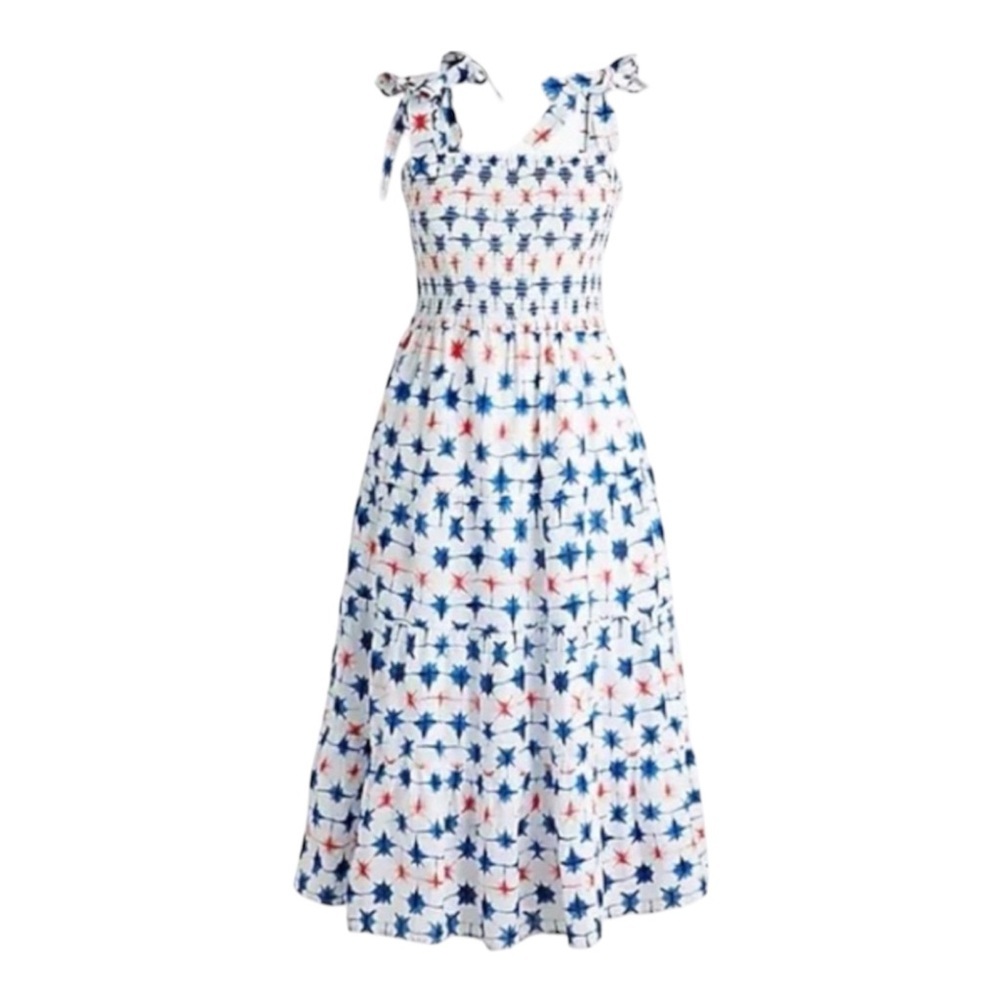 J. Crew Smocked Bow Tie Sleeve Festive Midi Dress